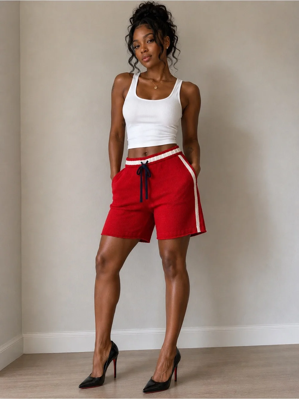 Lou & Grey Red Knit Drawstring Shorts with White Side Stripe